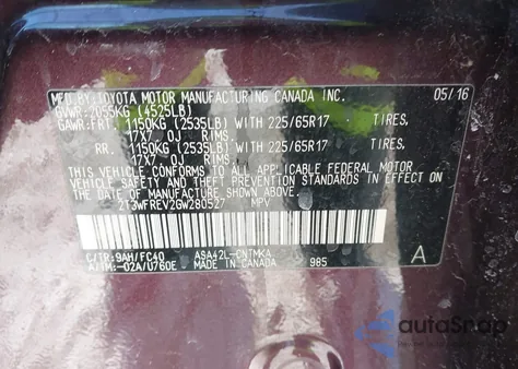 2016 Toyota Rav4 Xle from USA, damaged, VIN 2T3WFREV2GW280527